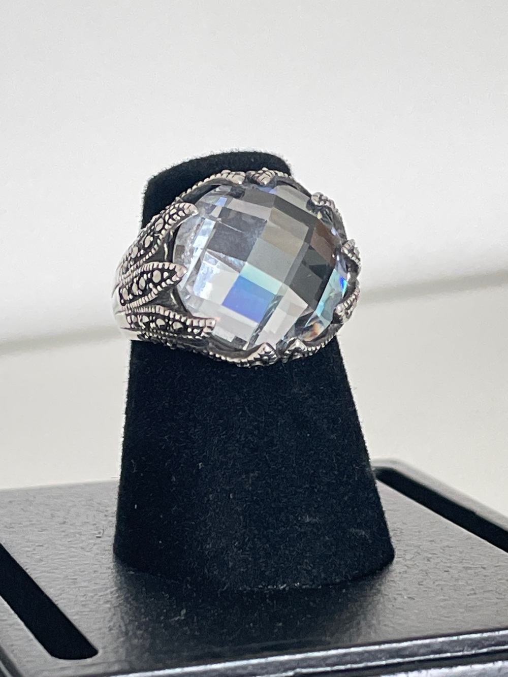 Vintage Thai 925 Sterling Silver Crystal Marcasite Statement Ring Size 7.5